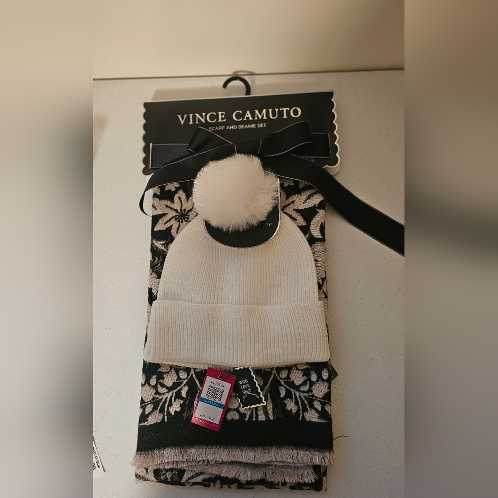 Vince Camuto Black and White Floral Scarf and Beanie